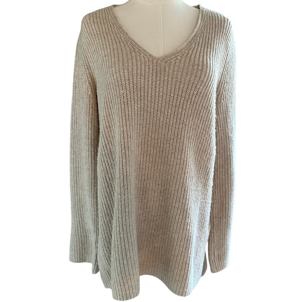 J Jill Beige Ribbed Knit Sweater Women Small V Neck Wool Blend Neutral Fall Chic